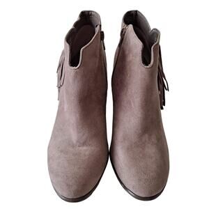 Carlos Taupe Suede 3.5" Stack Block Heel Ankle Boots with Side Fringes - Size 9